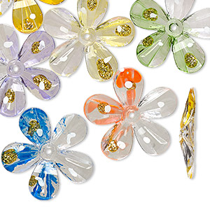 Bead, acrylic, assorted colors with gold-colored glitter, 30x30mm flower with painted design. Sold per pkg of 24.