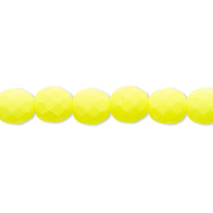 Bead, Preciosa, Czech painted fire-polished glass, matte neon yellow, 8mm faceted round. Sold per 8-inch strand, approximately 25 beads.