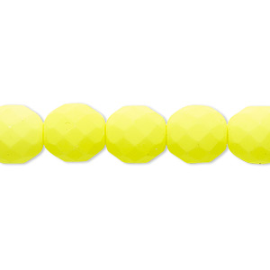 Bead, Preciosa, Czech painted fire-polished glass, matte neon yellow, 10mm faceted round. Sold per 8-inch strand, approximately 20 beads.