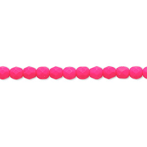 Bead, Preciosa, Czech painted fire-polished glass, matte neon pink, 4mm faceted round. Sold per 8-inch strand, approximately 50 beads.