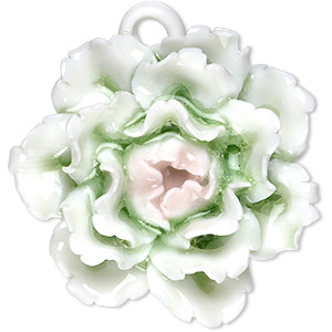 Focal, porcelain, green / pink / opaque white, 38x38mm-43x43mm single-sided carnation with partially hidden loop. Sold individually.