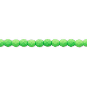 Bead, Preciosa, Czech painted fire-polished glass, matte neon green, 4mm faceted round. Sold per 8-inch strand, approximately 50 beads.
