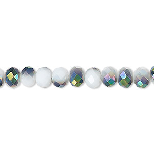 Bead, Celestial Crystal&reg;, 48-facet, opaque white with half-coat metallic green, 6x4mm faceted rondelle. Sold per 15-1/2&quot; to 16&quot; strand, approximately 100 beads.