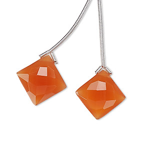 Bead, carnelian (dyed / heated), 16x16mm hand-cut top-drilled faceted puffed diamond, B grade, Mohs hardness 6-1/2 to 7. Sold per pkg of 2 beads.