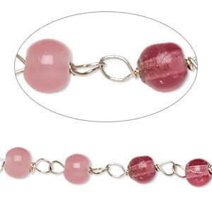 Chain, glass and silver-finished copper, opaque pink and translucent dark pink, 6mm beaded round. Sold per 1-meter strand.