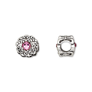 Bead, Dione&reg;, antique silver-plated pewter (tin-based alloy) and crystal rhinestone, rose, 11mm double-sided round with star design. Sold individually.