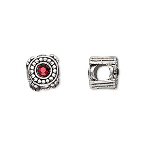 Bead, Dione&reg;, antique silver-plated pewter (tin-based alloy) and crystal rhinestone, garnet red, 10mm double-sided round. Sold individually.