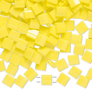 Bead, Miyuki, TILA&reg;, glass, opaque yellow, (TL404), 5mm square with (2) 0.8mm holes, fits up to 3mm beads. Sold per 10-gram pkg.