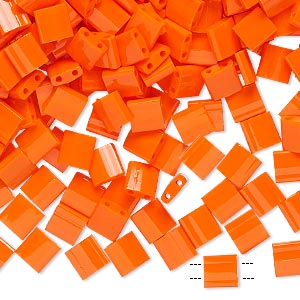 Bead, Miyuki, TILA&reg;, glass, opaque orange, (TL406), 5mm square with (2) 0.8mm holes, fits up to 3mm beads. Sold per 10-gram pkg.