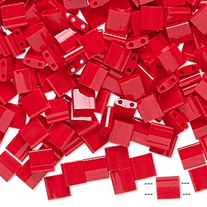 Bead, Miyuki, TILA&reg;, glass, opaque red, (TL408), 5mm square with (2) 0.8mm holes, fits up to 3mm beads. Sold per 10-gram pkg.