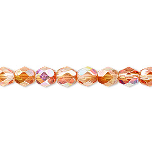 Bead, Czech fire-polished glass, two-tone clear AB and apricot medium, 6mm faceted round. Sold per 15-1/2&quot; to 16&quot; strand.