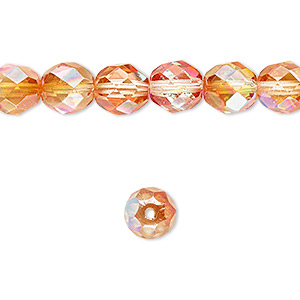 Bead, Czech fire-polished glass, two-tone clear AB and apricot medium, 8mm faceted round. Sold per 15-1/2&quot; to 16&quot; strand.