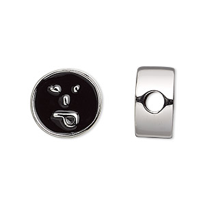 Bead, Dione&reg;, enamel and silver-finished &quot;pewter&quot; (zinc-based alloy), black, 16mm double-sided flat round with playful emoticon face and 4mm hole. Sold individually.