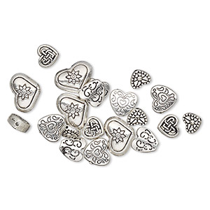 Bead, antique silver-plated &quot;pewter&quot; (zinc-based alloy), 8x7mm-16x12mm assorted double-sided heart. Sold per pkg of 20.