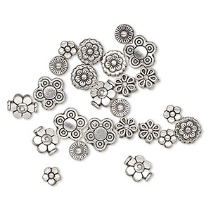 Bead, antique silver-plated &quot;pewter&quot; (zinc-based alloy), 5x5mm-10x10mm assorted flower. Sold per pkg of 24.
