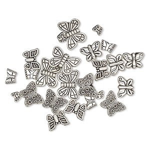Bead, antique silver-plated &quot;pewter&quot; (zinc-based alloy), 5x4mm-15x11mm assorted double-sided butterfly. Sold per pkg of 24.