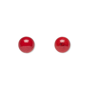 Bead, bamboo coral (dyed), red, 7.5-8.5mm half-drilled round, Mohs hardness 3-1/2 to 4. Sold per pkg of 2.