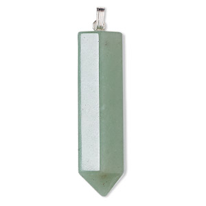 Pendant, green aventurine (natural) and silver-plated &quot;pewter&quot; (zinc-based alloy), 43x12mm point. Sold individually.