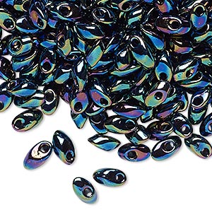 Seed bead, Miyuki, glass, opaque metallic iris variegated blue, (LMA455), 7x4mm long magatama. Sold per 50-gram pkg.
