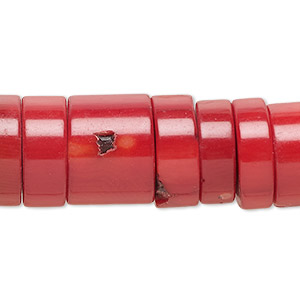 Bead, bamboo coral (dyed), red, 15x5mm-16x12mm hand-cut round heishi, Mohs hardness 3-1/2 to 4. Sold per 8-inch strand, approximately 25-30 beads.