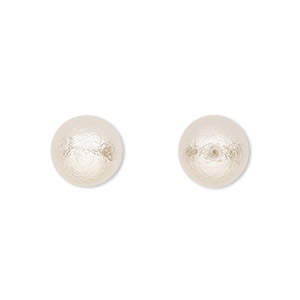 Bead, lacquered cotton pearl, cream, 10mm half-drilled round. Sold per pkg of 2.
