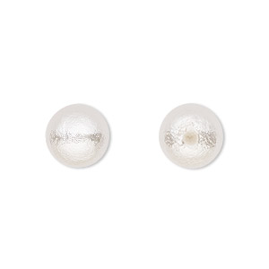 Bead, lacquered cotton pearl, white, 10mm half-drilled round. Sold per pkg of 2.