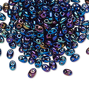 Seed bead, Preciosa Twin&#153;, Czech glass, opaque iris blue, 5x2.5mm oval with 2 holes. Sold per 250-gram pkg.