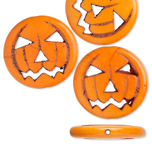 Bead, magnesite (dyed / imitation), black and orange, 25x24mm double-sided carved jack-o-lantern pumpkin. Sold per pkg of 4.
