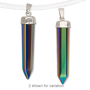 Pendant, electroplated Hemalyke&#153; (man-made) and silver-finished brass, rainbow, 30x7mm-33x7mm point. Sold individually.
