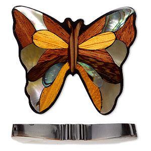 Focal, multi-wood / multi-shell / resin (dyed / assembled), multicolored, 44x40 single-sided butterfly. Sold individually.