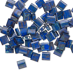 Bead, Miyuki, TILA&reg;, glass, opaque Picasso cobalt, (TL4518), 5mm square with (2) 0.8mm holes, fits up to 3mm beads. Sold per 10-gram pkg.
