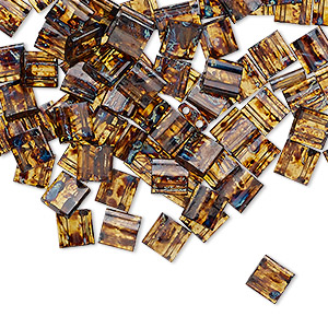 Bead, Miyuki, TILA&reg;, glass, transparent Picasso amber brown, (TL4502), 5mm square with (2) 0.8mm holes, fits up to 3mm beads. Sold per 10-gram pkg.