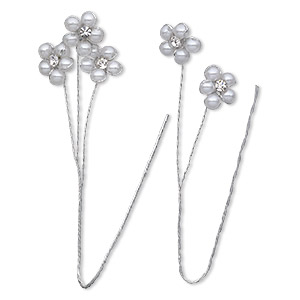 Wire pick, Victoria Lynn&#153;, steel / glass rhinestone / plastic, white and clear, 6 inches with 12x12mm flower. Sold per pkg of 2.