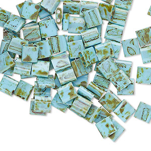 Bead, Miyuki, TILA&reg;, glass, opaque Picasso antique turquoise blue, (TL4514), 5mm square with (2) 0.8mm holes, fits up to 3mm beads. Sold per 10-gram pkg.