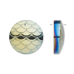 Drop, electroplated Hemalyke&#153; (man-made), green-blue, 20mm single-sided half-domed round with scale design. Sold individually.
