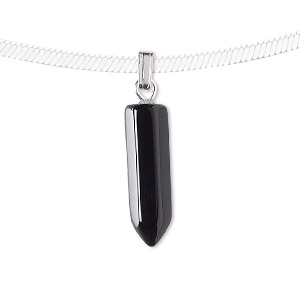 Pendant, black onyx (dyed) and silver-plated &quot;pewter&quot; (zinc-based alloy), 21x6mm point. Sold individually.