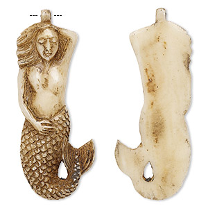 Focal, antiqued bone (dyed), 60x26mm hand-carved single-sided mermaid, Mohs hardness 2-1/2. Sold individually.
