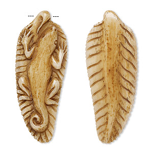 Focal, antiqued bone (dyed), 62x24mm hand-carved two-sided leaf with gecko, Mohs hardness 2-1/2. Sold individually.