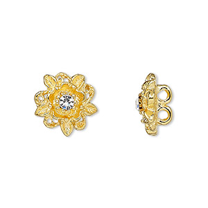 Spacer, glass rhinestone and gold-plated &quot;pewter&quot; (zinc-based alloy), clear, 13x13mm 2-strand flower, fits up to 3mm bead. Sold per pkg of 4.