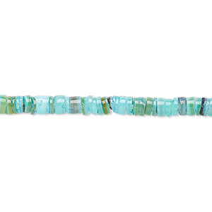 Bead, cabibe shell (dyed), turquoise blue, 3x1mm-4x3mm hand-cut heishi, Mohs hardness 3-1/2. Sold per 15-1/2&quot; to 16&quot; strand.