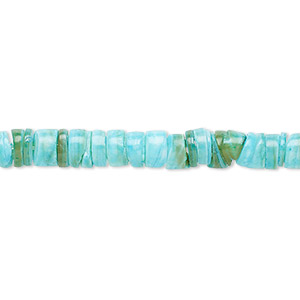 Bead, cabibe shell (dyed), turquoise blue, 5x1mm-6x4mm hand-cut heishi, Mohs hardness 3-1/2. Sold per 15-1/2&quot; to 16&quot; strand.
