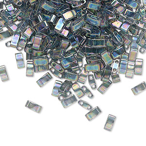 Bead, Miyuki, half TILA&reg;, glass, transparent luster rainbow dark grey, (HTL2440D), 5x2.3mm rectangle with (2) 0.8mm holes, fits up to 3mm beads. Sold per 10-gram pkg.