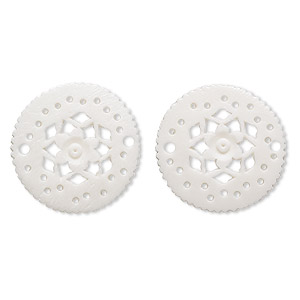 Link, camel bone (bleached), white, 23mm hand-cut single-sided flat round with cutout flower design, Mohs hardness 2-1/2. Sold per pkg of 2.
