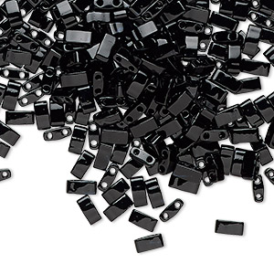 Bead, Miyuki, half TILA&reg;, glass, opaque black, (HTL401), 5x2.3mm rectangle with (2) 0.8mm holes, fits up to 3mm beads. Sold per 10-gram pkg.