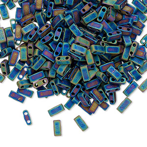 Bead, Miyuki, half TILA&reg;, glass, opaque matte rainbow black, (HTL401FR), 5x2.3mm rectangle with (2) 0.8mm holes, fits up to 3mm beads. Sold per 40-gram pkg.