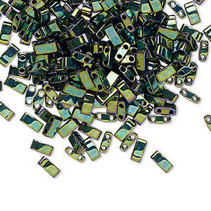 Bead, Miyuki, half TILA&reg;, glass, opaque metallic malachite green, (HTL468), 5x2.3mm rectangle with (2) 0.8mm holes, fits up to 3mm beads. Sold per 10-gram pkg.