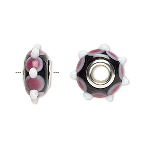 Bead, Dione&reg;, lampworked glass and white brass grommets, opaque white / red / black, 17x8mm bumpy rondelle with dots, 4.5mm hole. Sold individually.