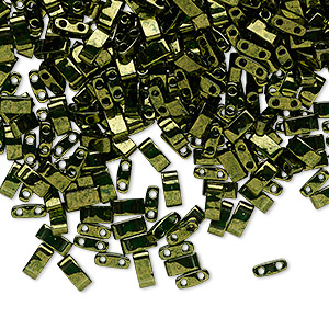 Bead, Miyuki, half TILA&reg;, glass, transparent luster olive green, (HTL306), 5x2.3mm rectangle with (2) 0.8mm holes, fits up to 3mm beads. Sold per 250-gram pkg.