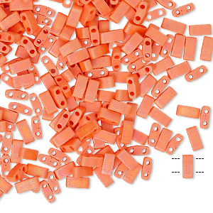 Bead, Miyuki, half TILA&reg;, glass, opaque matte rainbow orange, (HTL406FR), 5x2.3mm rectangle with (2) 0.8mm holes, fits up to 3mm beads. Sold per 10-gram pkg.