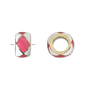 Bead, Dione&reg;, gold-finished &quot;pewter&quot; (zinc-based alloy) and enamel, opaque pink and white, 13x7mm rondelle with diamond design, 7mm hole. Sold individually.